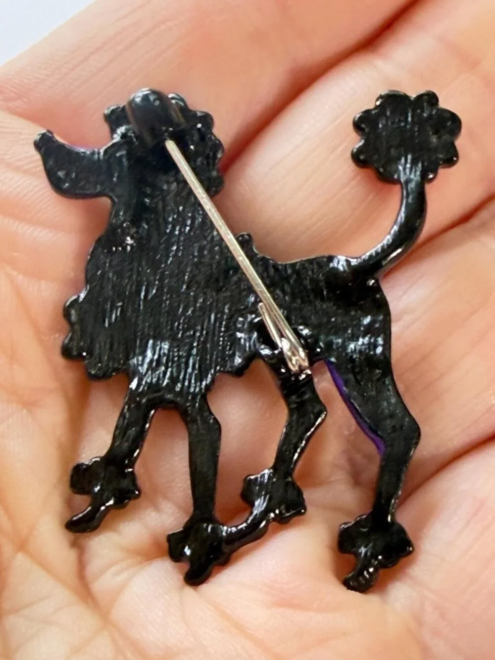 Poodle Dog Brooch Colorful Mosaic Style Glossy Enamel Purple Floral Pin 1.85 in